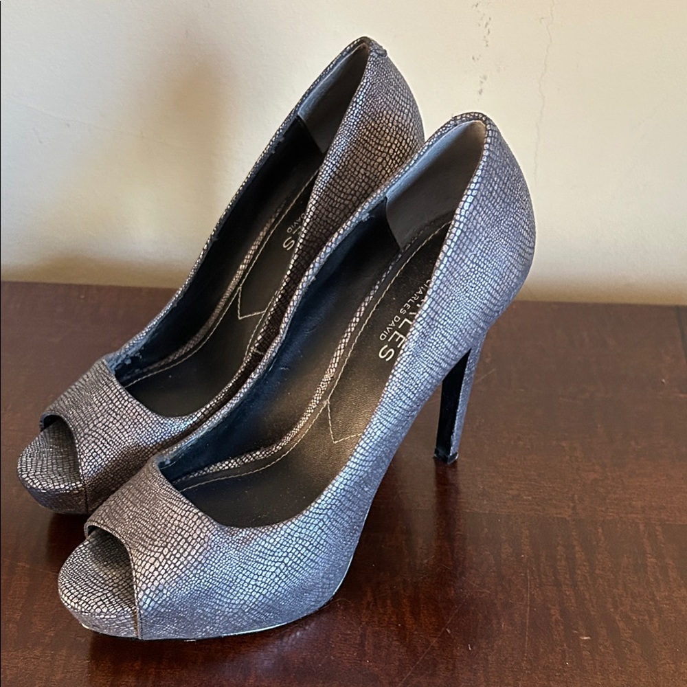 Charles David Metallic Gray Peep-Toe Heels